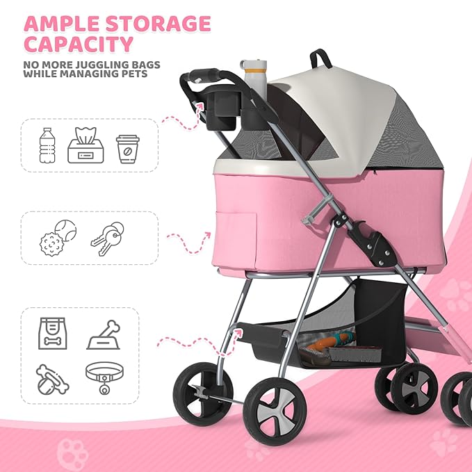 Magshion Foldable Pet Stroller, 3-in-1 Dog Travel Jogger with Detachable Carrier, Cup Holder, Storage Basket, Folding Carrier for Small/Medium Dogs & Cats Up to 33 lbs, Pink