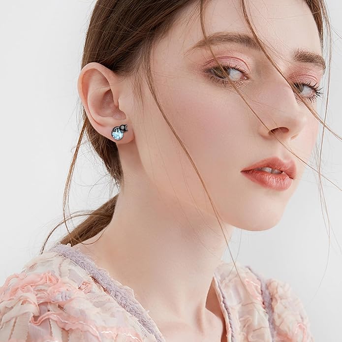 Sterling Silver Birthstone Black Cat Stud Earrings - Cat Birthstone Earrings for Women's Birthday Gift