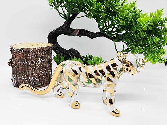 WitnyStore Tiny 6¼" Long Clear Gold Standing Tiger Roaring Figurine - Miniature Hand Blown Painted Glass Panthera Wild Cat Small Crystal Wildlife Animals Decorative Collectible Figurines Décor Gifts