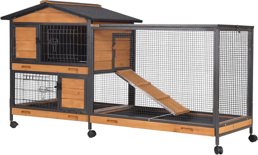 GUTINNEEN Rabbit Hutch Outdoor with Metal Surround Indoor Rabbit Cage with Wheels Bunny Cage Large Guinea Pig Cage for Small Animals with Tray