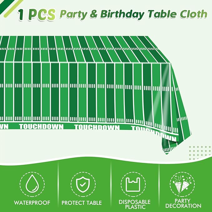 41Pcs Football Birthday Party Decorations, Green Touch Down Luncheon Napkins, 7" Round Paper Plates, Football Tablecloth, Serve 20