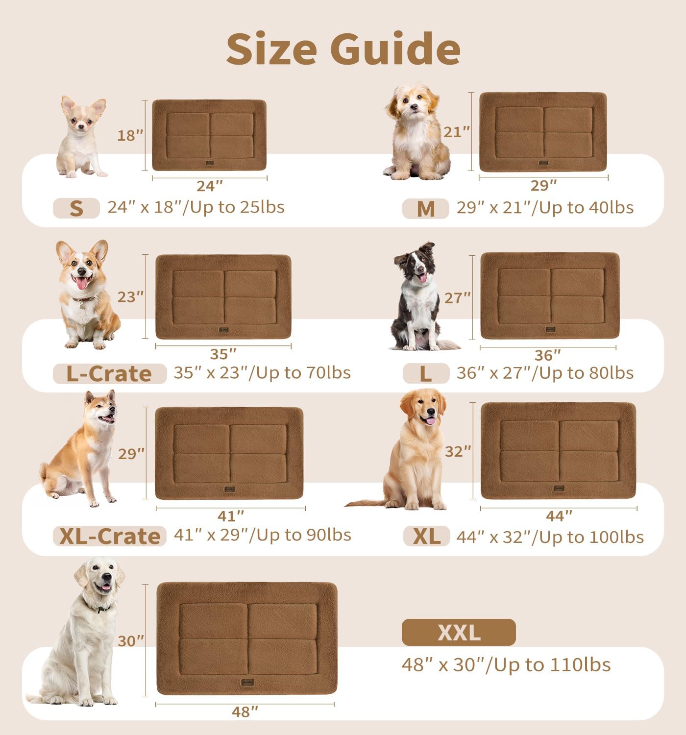 Made4Pets Dog Crate Pad Bed for Extra Large Dogs, Washable & Reversible, Anti-Slip Kennel Mat for Cozy Sleeping, Soft Fluffy Dog Bed for Indoor & Outdoor Use, 48"x30", Brown
