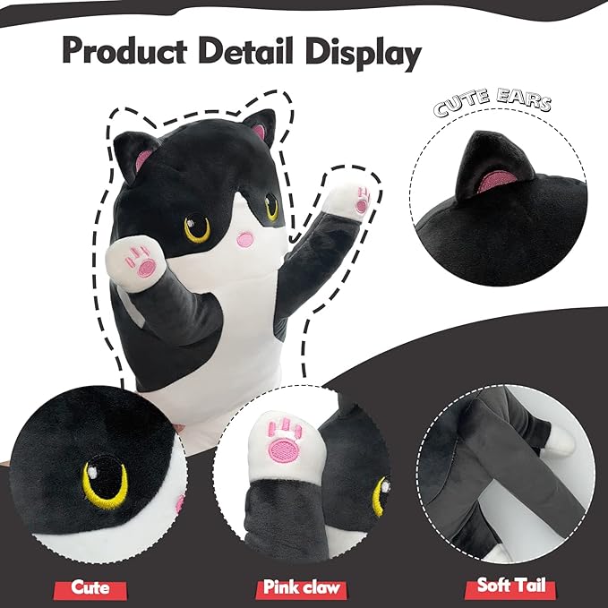 Long Cat Plush Pillow, 19.6in Cute Black Cat Plushie Stuffed Animals Body Pillow, Kawaii Kitten Soft Plushie Doll Toy Birthday Gift for Kids Girlfriend