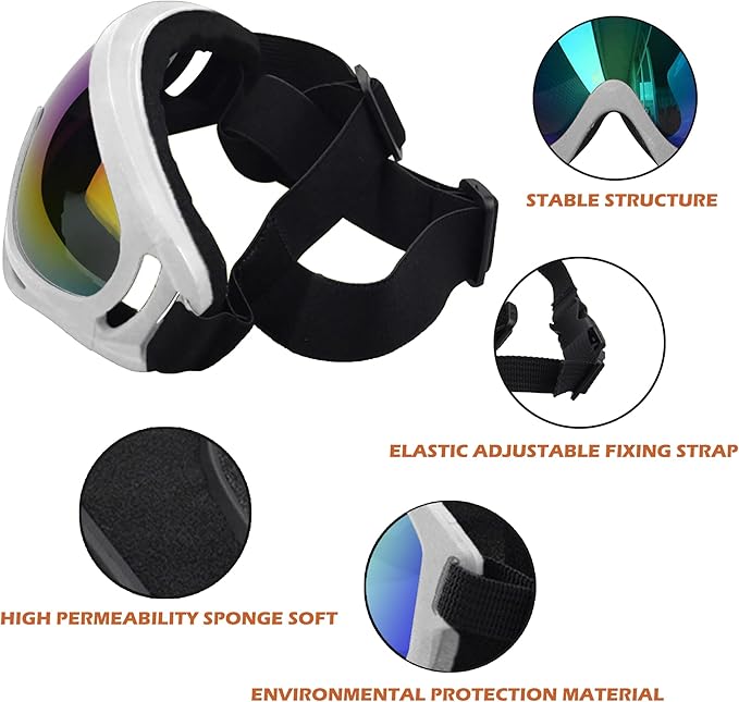 Large Dog Sunglasses With Adjustable Strap UV Protection, Windproof Puppy Eyewear, Suitable for Medium-Large Pets, Eyes Protection, Soft Goggles (White Frame)