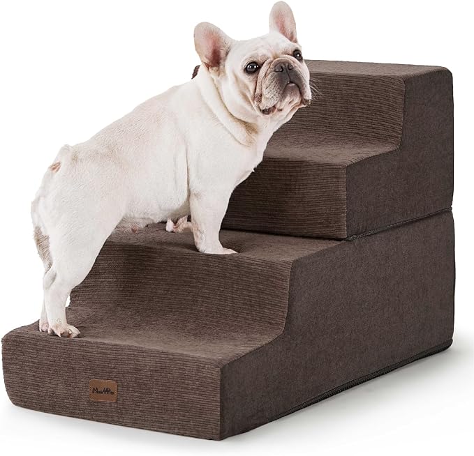 Made4Pets Dog Steps for Bed, Extra Wide Dog Stairs for High Bed Couch Sofa, 35D Foam Pet Steps for Small Dogs and Cats, Non-Slip Bottom Pet Stairs, Brown, 4 Steps