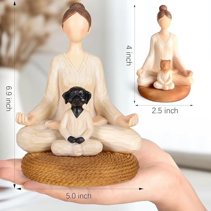 Yoga Meditation Statue Gifts for Women - Mini Yoga Girl with Cat Dog Figurines Gift for Office Cute Relaxation Gifts for Yoga Lovers & Cat Dog Lover Resin Yoga Figurine Decor Table Ornament