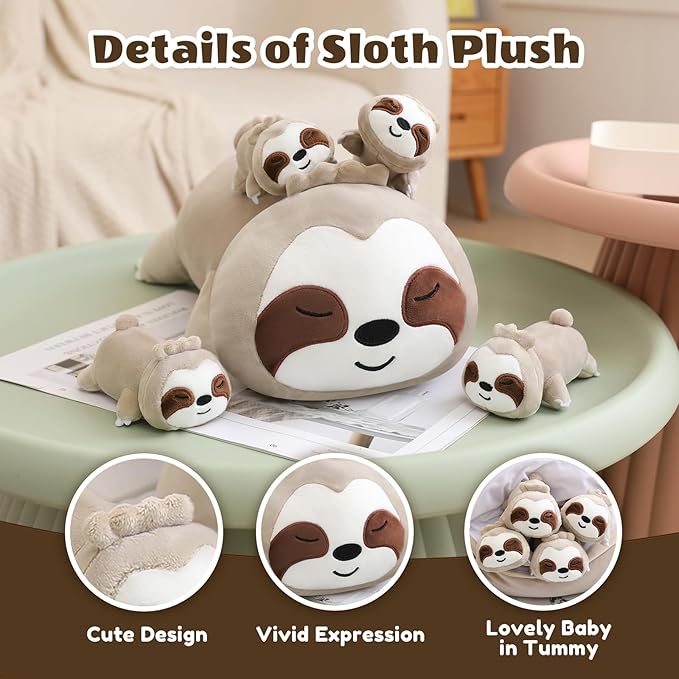 SQEQE Sloth Stuffed Animals with Babies Inside 5-Piece Set of Sloth Mommy and Babies Plush Cuddly Stuffed Animals Toys for Kids, Gifts Ideal for Christmas, Valentine's, Birthday