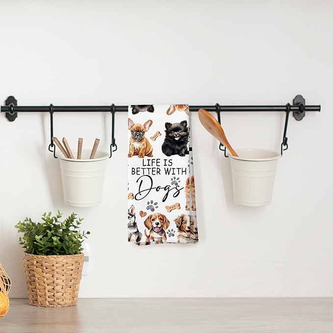 Watercolor Dog Kitchen Towels for Women Lovers, Life is Better With Dogs Decor, Mom Owner Gift Tea Hand Towels 16x24 Inch