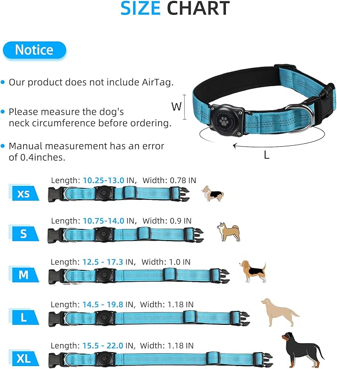 Upgraded AirTag Dog Collar, IP68 Waterproof Air Tag Dog Collar Holder, Reflective, Ultra-Durable, Comfortable Padded, Heavy Duty Dog Collars for Small Medium Large Dogs (M (12.6"-17.1"), Blue)