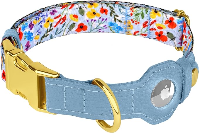 AirTag Dog Collar for Small Medium Large Breed - Adjustable Cute Pattern Dog Collar with Airtag Holder - Soft Leather Tracker GPS Apple Air Tag Pet Collars (Small, 12"-15" Neck Fit, Floral)