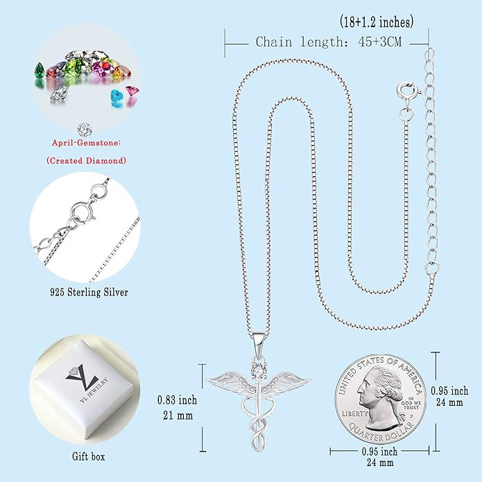 YL Caduceus Necklace Sterling Silver Doctor Nurse Themed Pendant Birthstone Angel Wings Snake Jewelry for Women