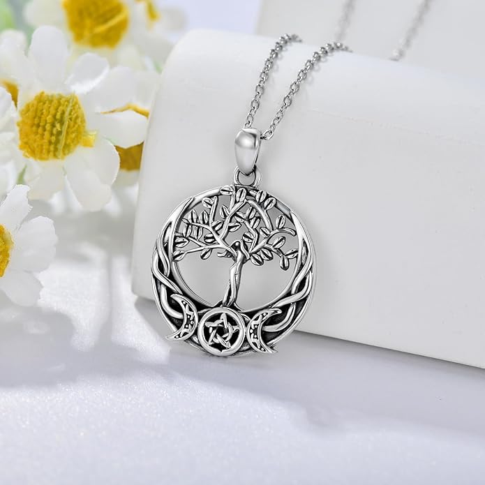 Witch Necklace 925 Sterling Silver Pentagram Triple Moon Pentacle Pendant Wiccan Pagan Jewelry Witchy Gifts for Women
