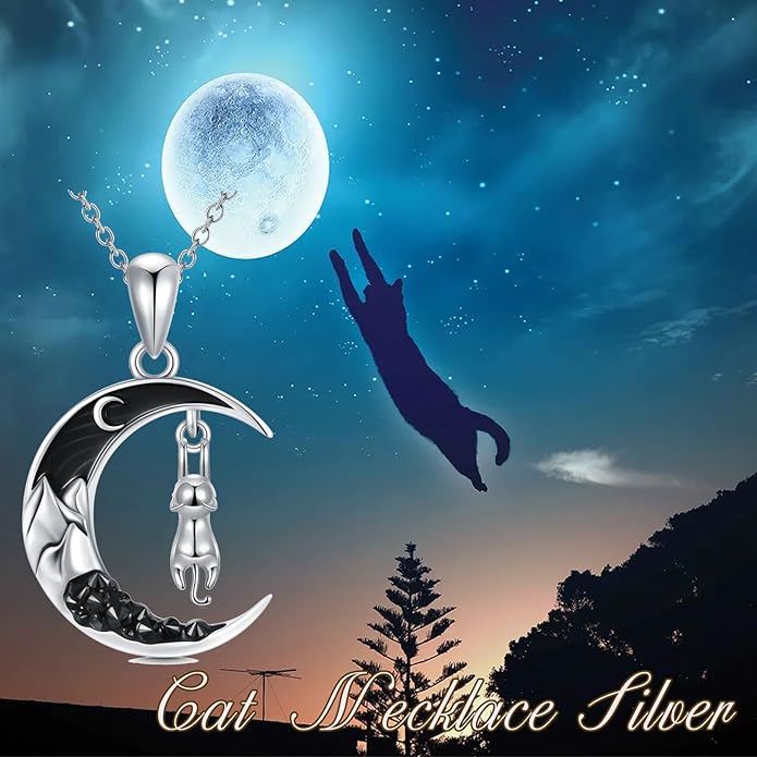 Gothic Jewelry Bat/Cat/Wolf/Dragon/Owl/Fox/Spider/Sun Pendant Sterling Silver Crescent Moon Necklace for Women Girls Black Jewelry Gifts