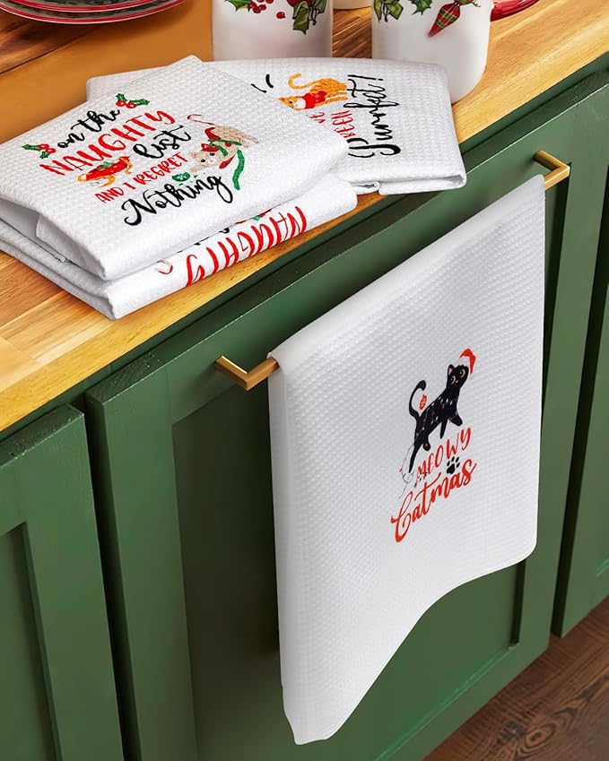 Vansolinne Cat Christmas Kitchen Towels - Decorative Holiday Dish Towels, Meowy Catmas Home Decor, Funny Naughty Kitty Housewarming Gifts for Mom and Cat Lovers