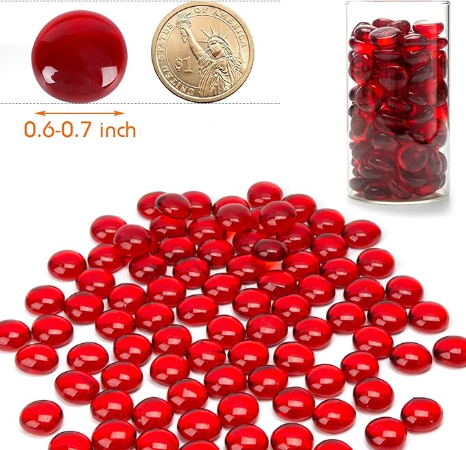 FUTUREPLUSX 1LB Red Glass Beads, Flat Glass Marbles Burgundy Pebbles Marbles for Vases Decorative Red Colored Gemstones Fish Tank Table Scatter Decor Art Craft
