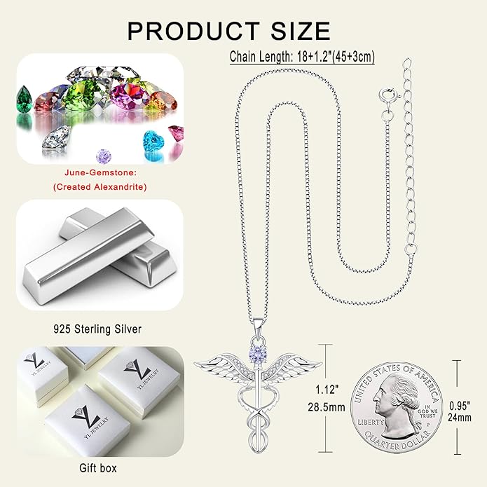 YL Caduceus Necklace Sterling Silver Doctor Nurse Themed Pendant Birthstone Angel Wings Snake Jewelry for Women