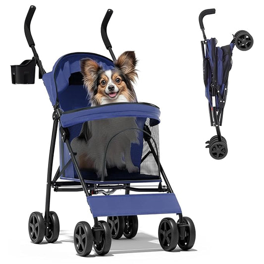 Magshion Compact Pet Stroller for Small-Medium Dogs/Cats up to 22lbs, 4-Wheel Lightweight Umbrella Shaped Portable Puppy Travel Jogger with Breathable Mesh, Cup Holder & Rear Storage, Navy Blue