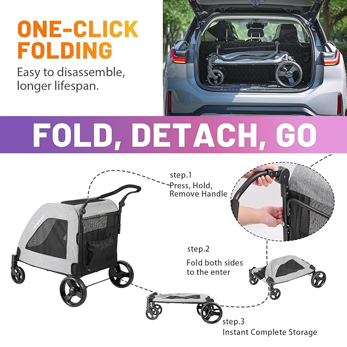 EchoSmile XL Extra Large Dog Stroller - Adjustable Handles,Lightweight Folding Pet Stroller,All-Terrain 4 Wheel for 2 Medium Dogs,Dual Entry Safety Dog Stroller,Capacity 160 lbs,Gray