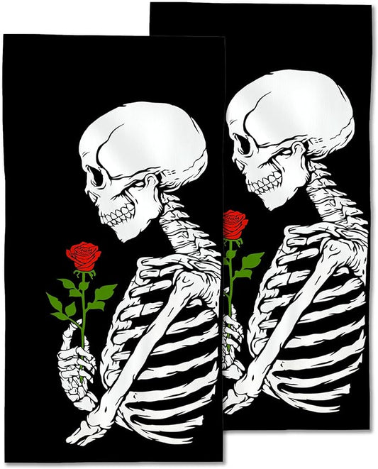 Vintage Skull 2 Pack Hand Bath Towel,Rose Flower Fingertip Towel Bathtub Decorative Bath Towel Bathroom Kitchen Towel Set Highly Absorbent SPA Gym Towels 14x28 Inch
