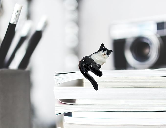 WitnyStore Tiny 1⅜" Black White Tuxedo Shorthair Cat Lying Tail Hang Off Figurine - Miniature Hand Made Ceramic Cats Kitten Feline Animal Cute Porcelain Decorative Collectible Figurines Décor Gifts
