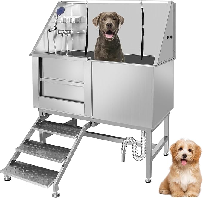 50" Pet Dog Bathing Station W/Ramp, Professional Stainless Steel Dog Grooming Tub W/Storage Drawer, Floor Grate, Faucet, Dog Bathtub For Large,Medium, Small Pets, Washing Sink For Home (50"Left ramp)