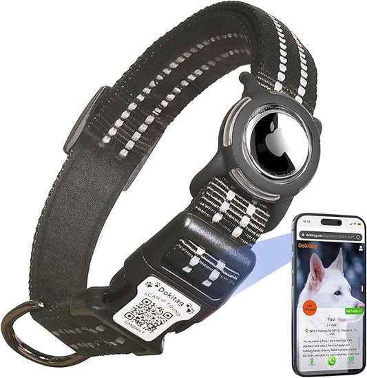 Reflective Dog Collar with Apple AirTag Holder & QR Code Pet ID Tag,Soft Nylon Adjustable Dog Tracker Collar with Safety Lock for Small Dogs(Black, S)