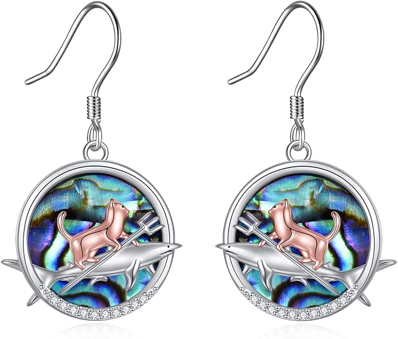 YFN Cat Earrings for Women Sterling Silver Shark Dangle Earrings Cat Jewelry Gifts for Women Cat Lover Shark Jewelry for Shark Lover