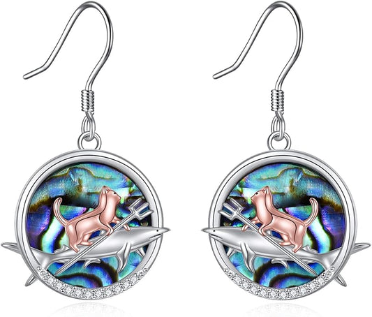 YFN Cat Earrings for Women Sterling Silver Shark Dangle Earrings Cat Jewelry Gifts for Women Cat Lover Shark Jewelry for Shark Lover