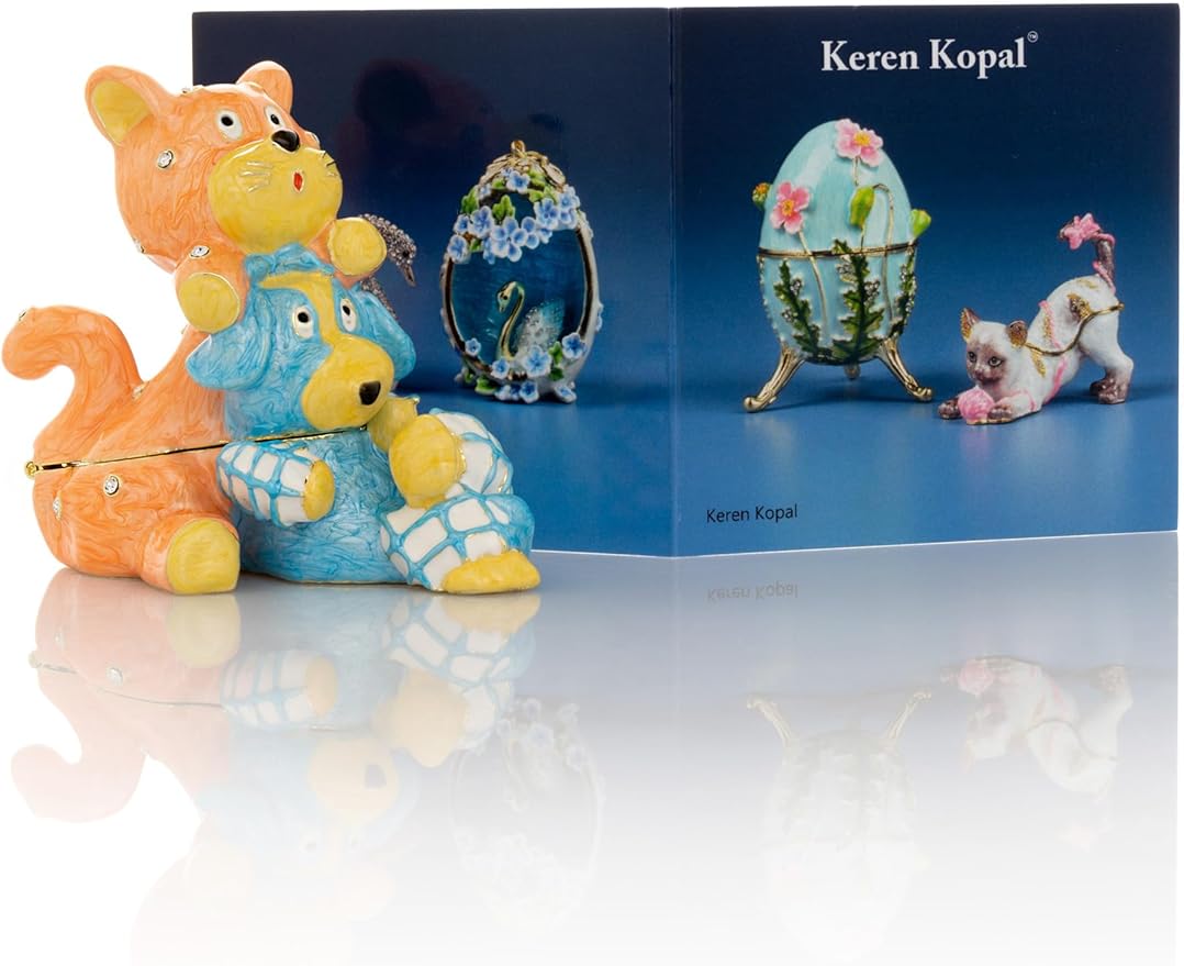 Keren Kopal Friends cat & Dog Trinket Box Decorated with Crystals Jewelry Storage Stash Handpainted Animal Figure Gift Idea for Home Decor