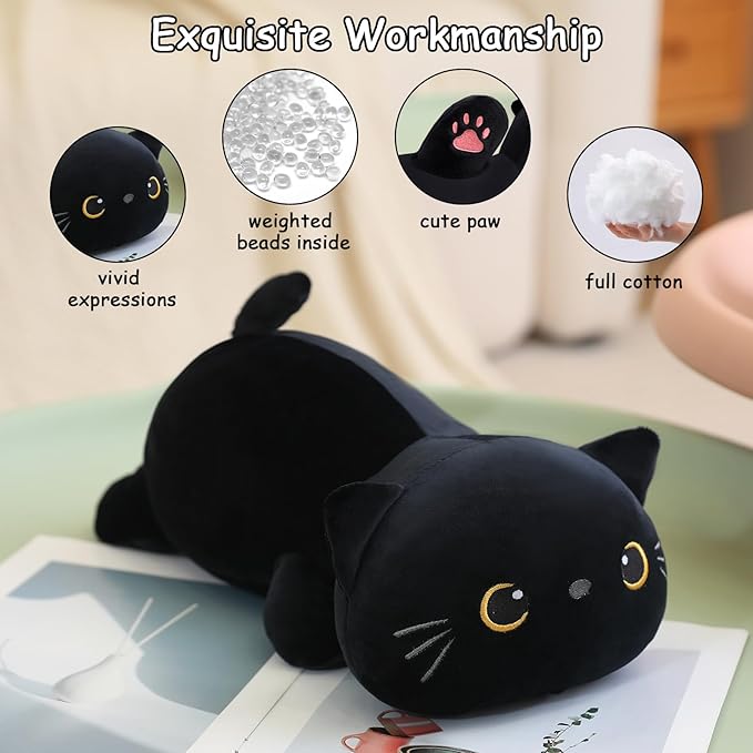 SQEQE Weighted Black Cat Plush, Weighted Black Cat Stuffed Animal, Cute Plushies Soft Pillow Toy Gift for Kids Adults 9.8 Inch, 0.8 Lbs