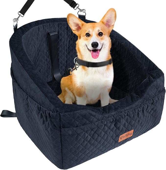 Vivifying Dog Car Seat for Small & Medium Dogs, Detachable & Washable Booster Seat for Pets Up to 30lbs, Travel Bed with Storage Pockets and Safety Belt – Black