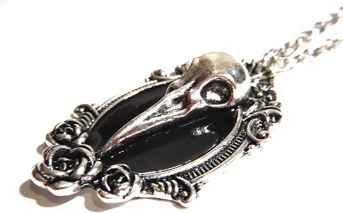 Regal Rock Gothic Bird Skull Pendant Over Black Rose Cameo Pendant on Long Chain Necklace