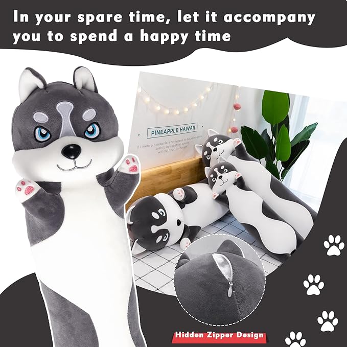 Long Husky Plush Pillow, 27.6in Cute Dog Plushie Stuffed Animals Body Pillow, Kawaii Husky Soft Plushie Doll Toy Birthday Gift for Kids Girlfriend