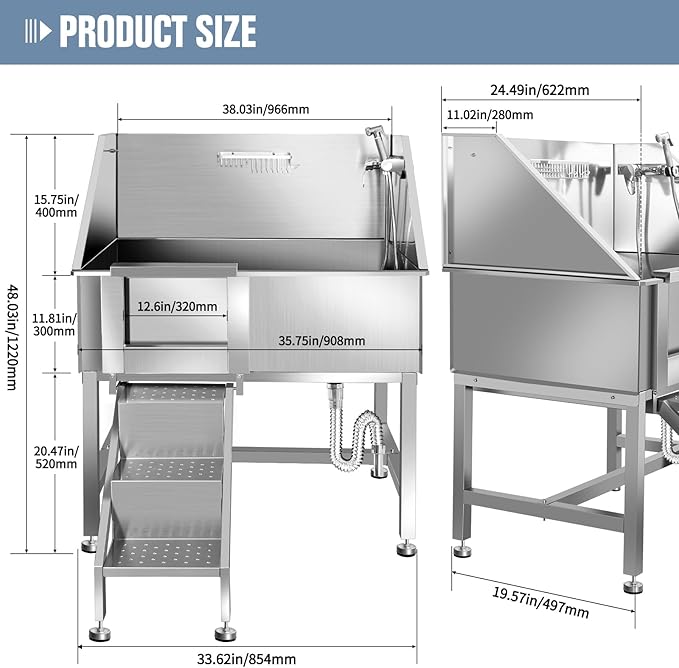 38" Pet Dog Bathing Station W/Stairs, Professional Stainless Steel Dog Grooming Tub W/Soap Box, Faucet,Rich Accessory, Dog Bathtub for Large,Medium,Small Pets, Washing Sink for Home,L-RAMP