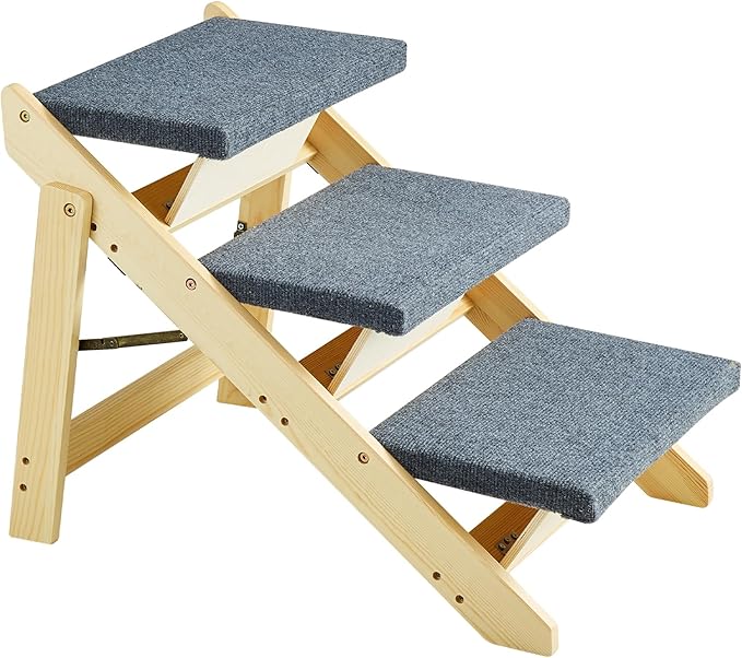 VEVOR Wood Pet Stairs/Pet Steps, 2-in-1 Foldable Wooden Dog Stair for Beds, Sofa and Cars, Dog Stairs & Ramp with 3 Steps for Small Medium Large Pet, up to 150 lbs