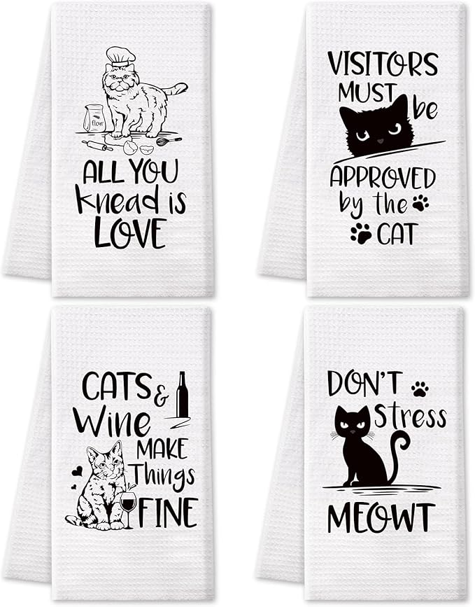Vansolinne Funny Cat Kitchen Towels Decorative Waffle Tea Towels Absorbent Dish Towels Set of 4 - Fun Hostess Kitchen Decor, Cat Kitchen Collection, Housewarming Presents