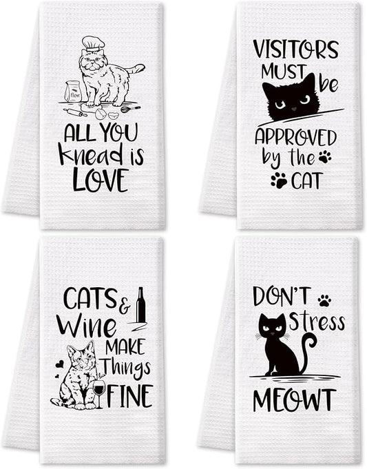 Vansolinne Funny Cat Kitchen Towels Decorative Waffle Tea Towels Absorbent Dish Towels Set of 4 - Fun Hostess Kitchen Decor, Cat Kitchen Collection, Housewarming Presents