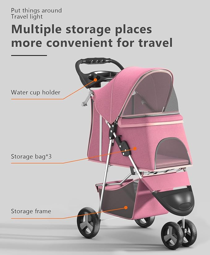 Pet Stroller with 3 Wheels for Small/Medium Pets, Portable Travel Foldable Carrier Jogger for Dog Cat Puppy Kitty, Rear Wheel Breaks, Storage Basket, Visible Mesh with Weather Cover (Pink)