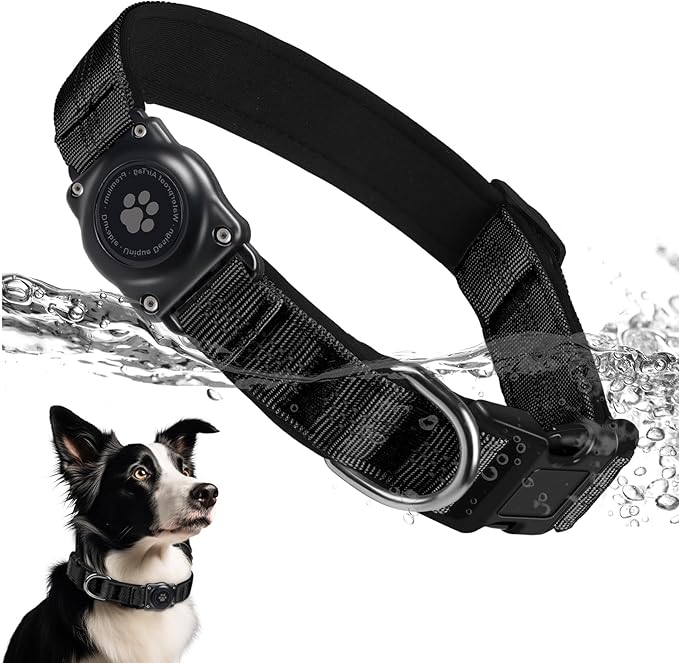 Upgraded AirTag Dog Collar, IP68 Waterproof Air Tag Dog Collar Holder, Reflective, Ultra-Durable, Comfortable Padded, Heavy Duty Dog Collars for Small Medium Large Dogs (S (10.6"-13.6"), Black)