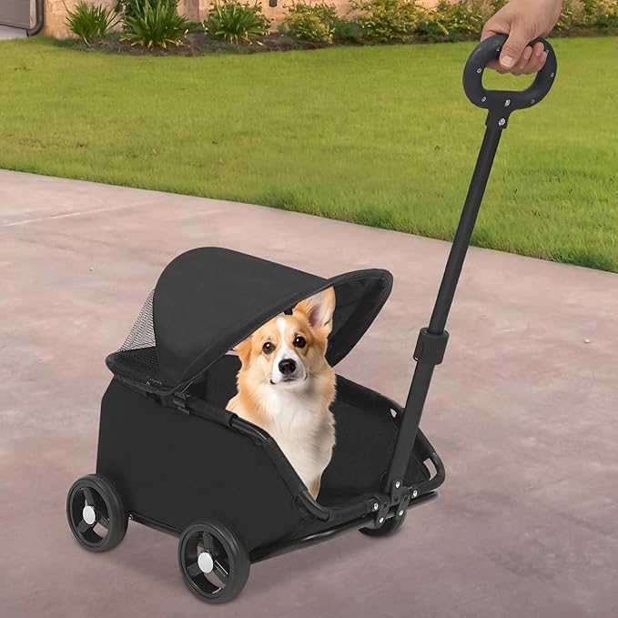 Small Dog Stroller, Pe4-Wheel Portable Dog & Cat Stroller with Semi-Open Design, Foldable Pet Cart with Canopy for Small Dogs or Cats Weighing Less Than 15.43 Pounds (Black)