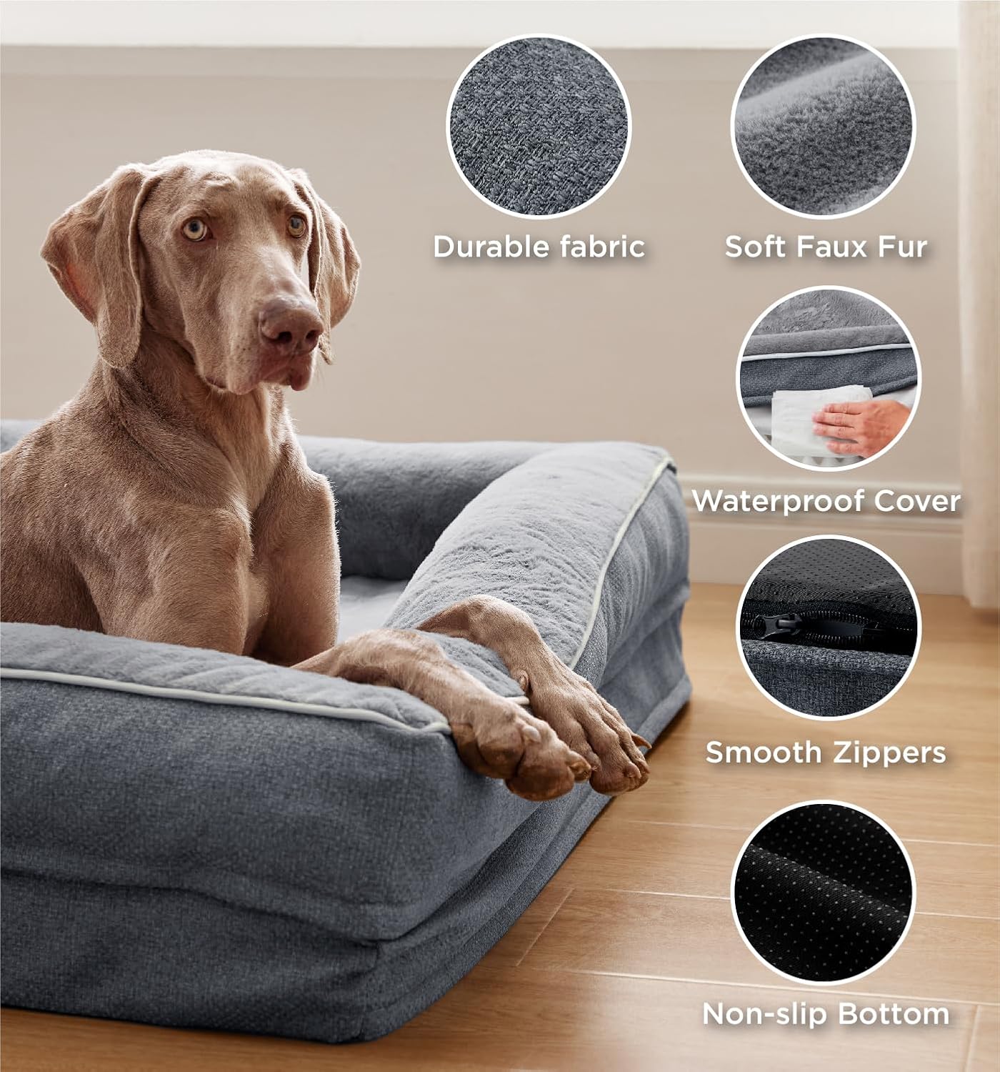 Made4Pets Orthopedic Dog Bed for Extra Large Dogs, Supportive Foam XXXL Pet Bed Sofa with Washable Removable Cover, Waterproof Large Dog Couch Bed, Non-Slip Bottom and Egg-Crate Foam, Grey