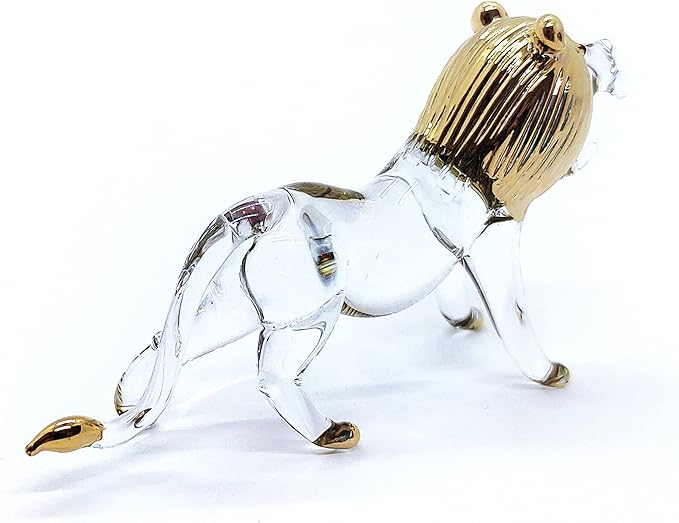 WitnyStore Tiny 3¼" Long Clear Gold Standing Lion Roaring Figurine - Miniature Hand Blown Painted Glass Panthera Wild Cat Small Crystal Wildlife Animals Decorative Collectible Figurines Décor Gifts