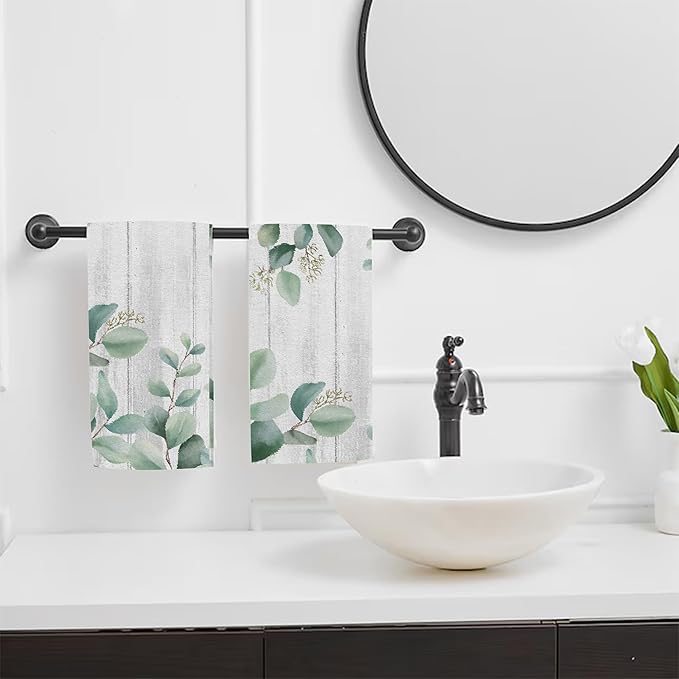 Green Eucalyptus Bouquet on White Board Bathroom Hand Towel Set of 2,Watercolor Eucalyptus Leaves Fingertip Kitchen Hand Towel,Soft Absorbent Decorative for Hotel Home Decor