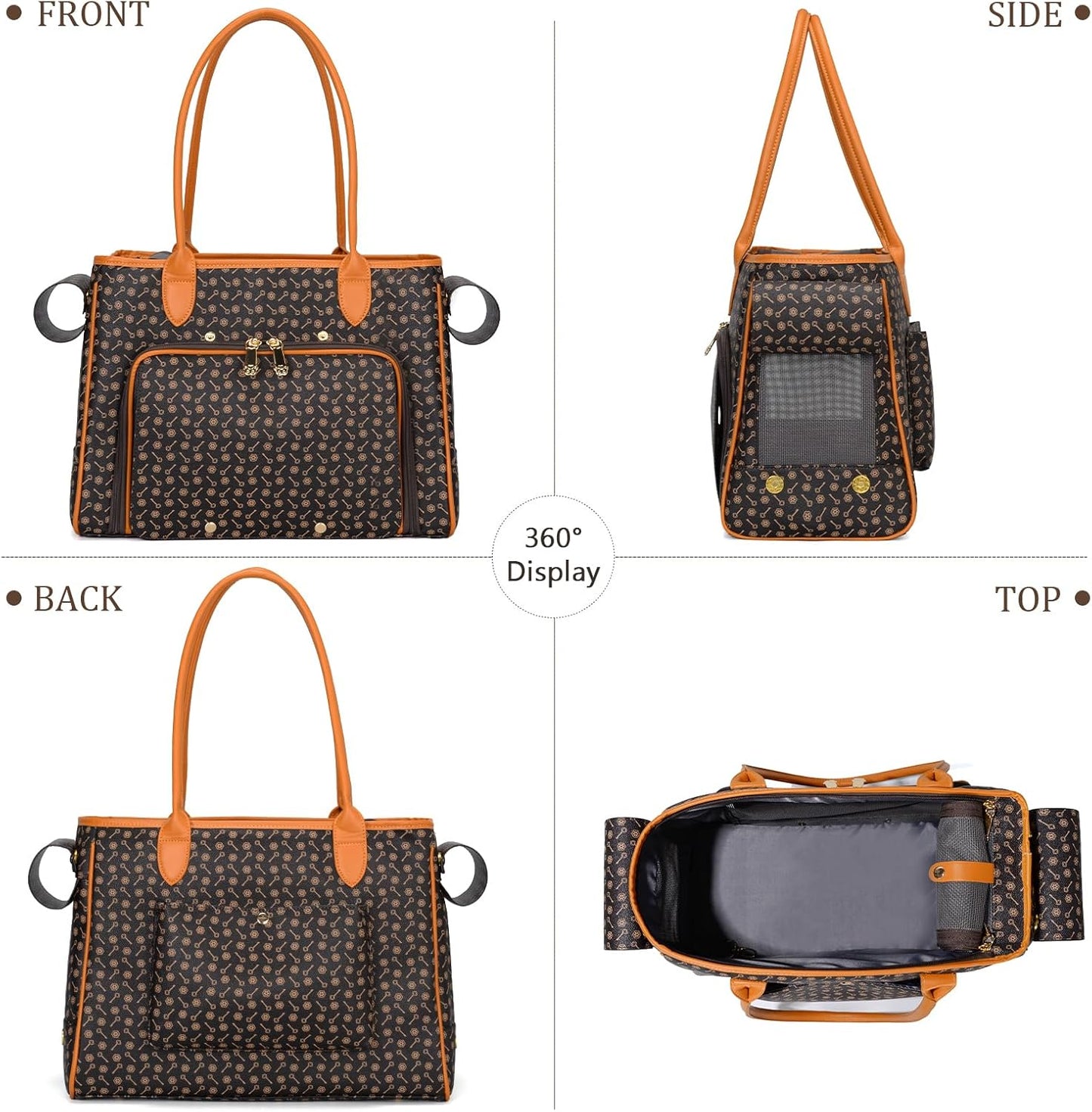 Minsong Fashion Pet Carrier Purse for Small Cat and Dog, Luxury Pu Soft-Sided Tote Bag with Large Pockets for Dogs and Puppies (Coffee, 15.8" L x 7.5" W x 11.8" H)