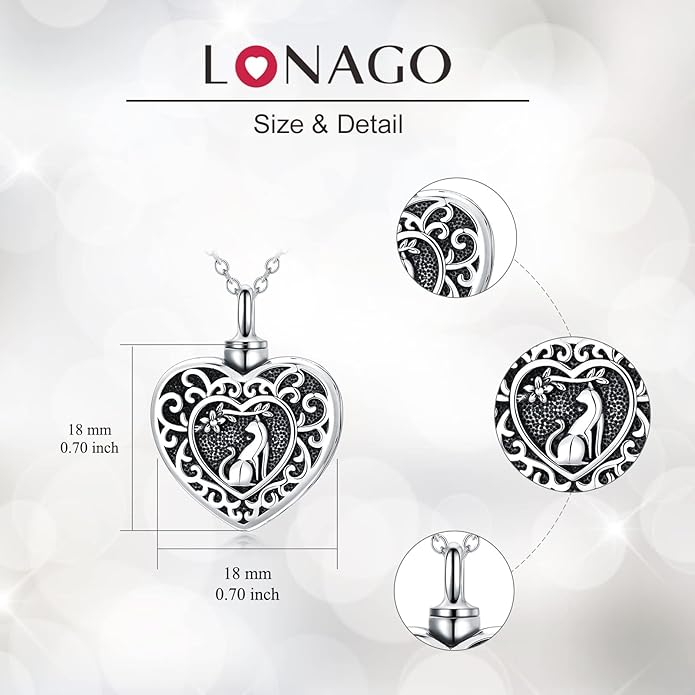 LONAGO Urn Necklace for Ashes 925 Sterling Silver Always in My Heart Keepsake Cremation Pendant Necklace