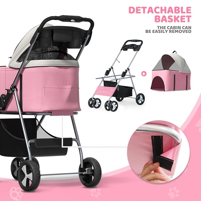 Magshion Foldable Pet Stroller, 3-in-1 Dog Travel Jogger with Detachable Carrier, Cup Holder, Storage Basket, Folding Carrier for Small/Medium Dogs & Cats Up to 33 lbs, Pink