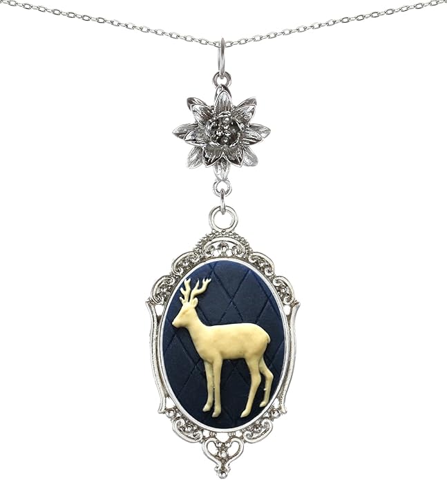 Yspace Lotus Charm Necklace Antique Decor Cameo Pendant 2 Chains Velvet Pouch for Gift