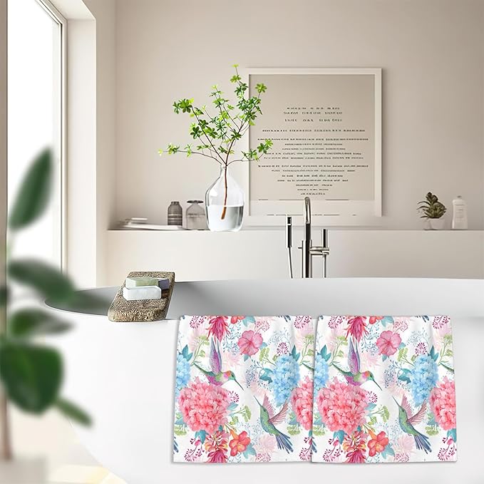 Hummingbirds Hand Towels Set of 2,Tropical Flowers Bath Hand Towels for Bathroom Decorative Soft Absorbent Dish Towels for Kitchen Bathroom Gym Hotel Spa Sport 16x24 Inches