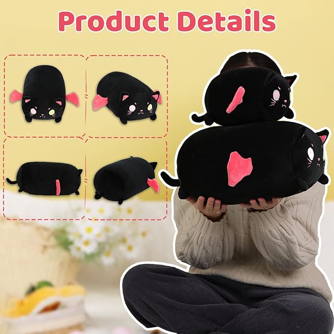 AIXINI Cute Black Cat Plush Pillow 15.7 Black Kitten Stuffed Animal with Luminous Eyes, Fat Soft Kawaii Plushies Hugging Plush Squishy Pillow Toy Gifts for Kids Bedding Sleeping