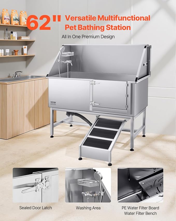 VEVOR Stainless Steel Dog Washing Station, Professional 62 inch Pet Grooming Tub w/Ramp, PE Water Filter Board, Faucet & Showerhead & Soap Holder Bathtub for Large & Medium & Small Pets (Right Door)